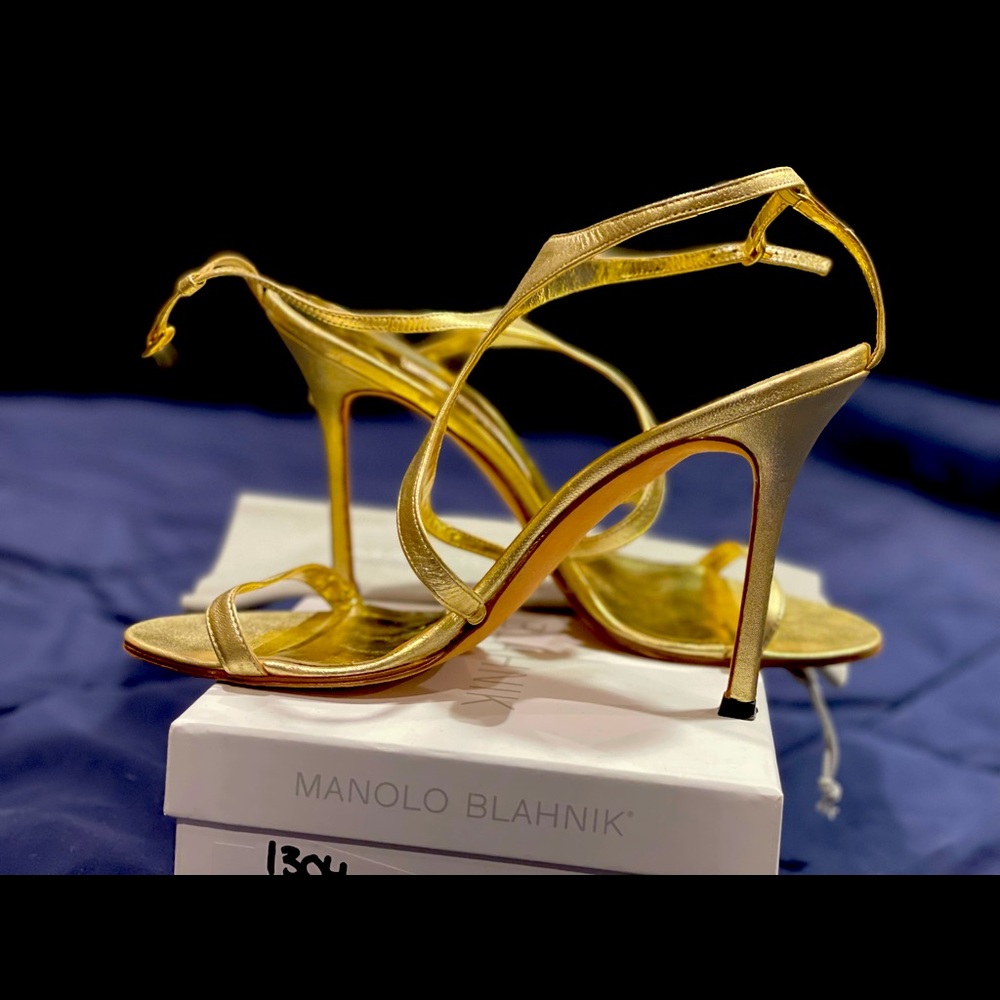 Manolo Blahnik metallic gold strappy heel